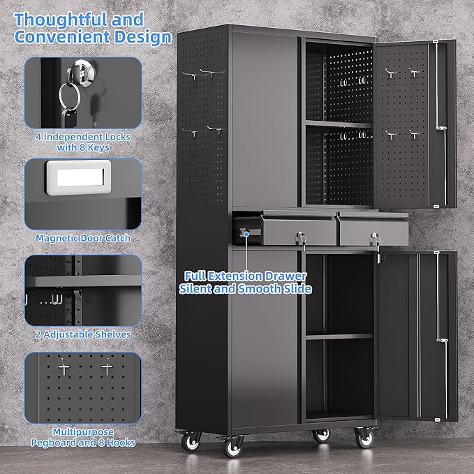 Garage Storage Cabinet with Wheels, Metal Storage Cabinet with 2 Drawers and 2 Adjustable Shelves, Metal Lockers with Pegboards for Homes, Offices, Kitchens, Schools and Pantries-DeskLoop Office