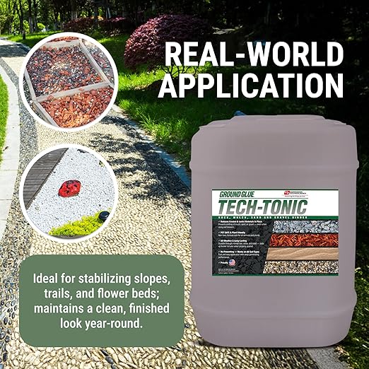 Ground Glue Tech-Tonic Landscape Adhesive for Rock, Mulch, and Sand, Weatherproof Long-Lasting Stabilizer for Trails & Slopes, Pet-Safe Binder for Pea Gravel, Bark & Flower Beds, 5 Gallon Tote-DeskLoop Office