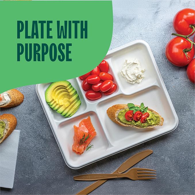 100% Compostable Paper Plate 125-Pack 5-Compartment Bagasse School Lunch Tray - Image 7