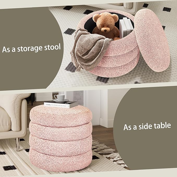 Storage Ottoman, Round Ottoman with Storage, Vanity Stool Foot Rest with Removable Lid, Round Boucle Upholstered for Living Room Pouf Footstool (Pink)-DeskLoop Office