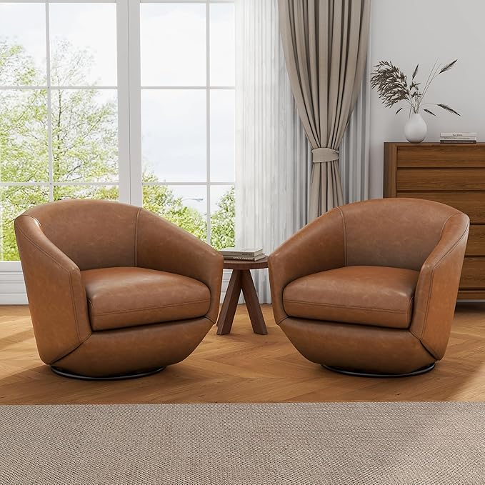 UIXE Faux Leather Swivel Accent Chairs Set of 2, Barrel Chair Upholstered Club Armchair for Living Room, Comfy Single Sofa Bedroom Side Reading Seat - Brown-DeskLoop Office