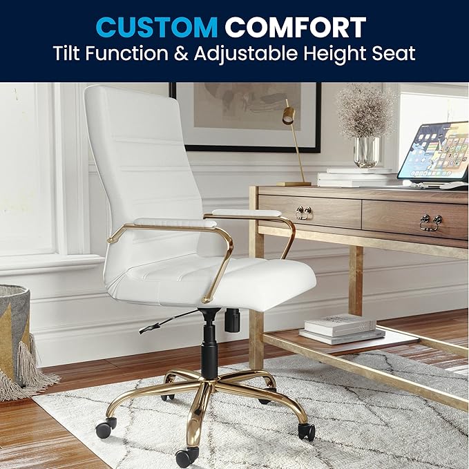 Flash Furniture Whitney Mid-Back Swivel LeatherSoft Desk Chair with Padded Seat and Armrests, Adjustable Height Padded Office Chair, 27"D x 26"W x 43"H, White/Gold-DeskLoop Office