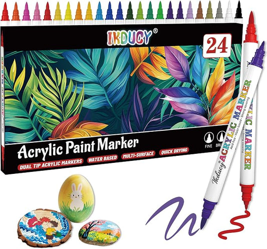 24 Colors Dual Tip Acrylic Paint Markers Set, Fine Tip and Brush Tip Acrylic by IKDUCY