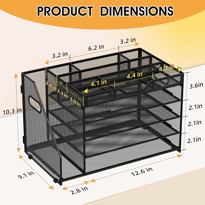 5 Tier Paper Letter Tray with File Holder and 3 Drop-in Pen Holders, Mesh Desk - Image 2