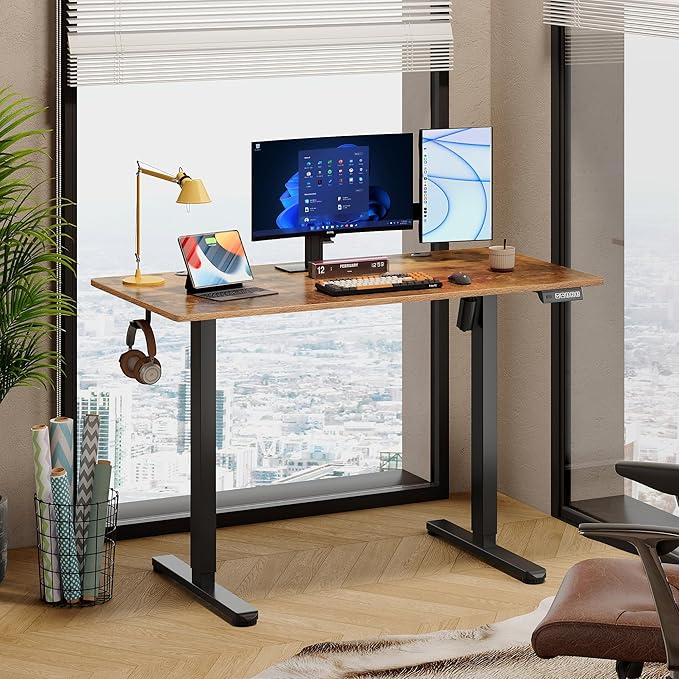 DEVAISE 48 Inch Electric Standing Desk, 3 Adjustable Height Stand up Desk for Home Office, Ergonomic Sit to Stand Desk with LED Touchscreen and Hook, 3 Memory Preset Computer Desk (Rustic Brown)-DeskLoop Office