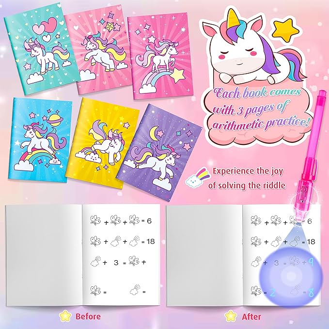 GIFTINBOX Unicorn Party Favors for Kids 4-8, 24Pack Invisible Ink Pen and Notebook, Invisible Ink Spy Pen with UV light for Kids, Classroom Prize Goodie Bag Stuffers Unicorn Toys for Kids Girls-DeskLoop Office