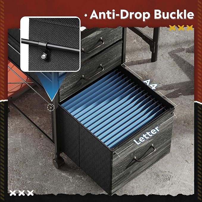 DEVAISE Mobile File Cabinet, Rolling Printer Stand with 3 Drawers, Fabric Vertical Filing Cabinet fits A4 or Letter Size for Home Office, Charcoal Black Wood Grain Print-DeskLoop Office