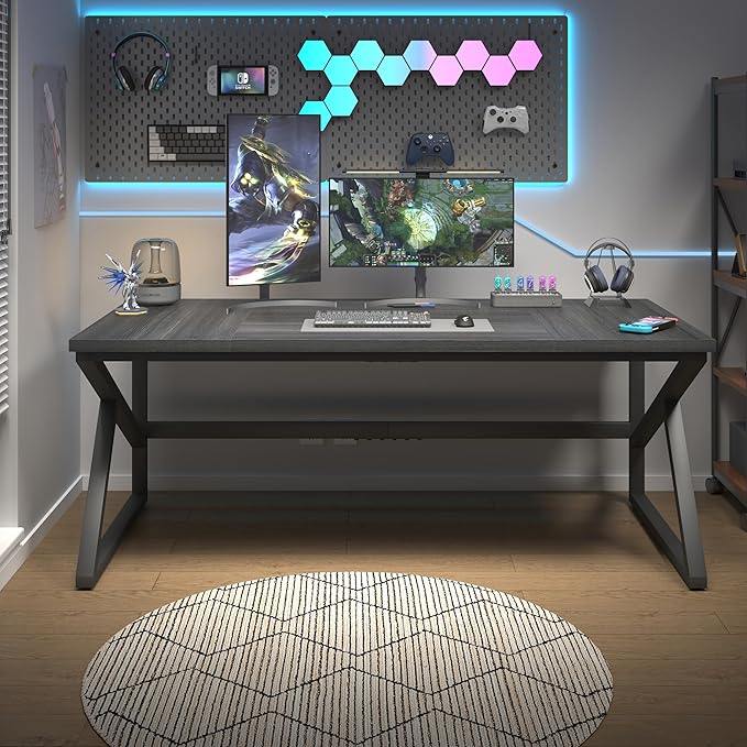 HSH Extra Long Computer Desk, Industrial Metal Wood Home Office Desk, Large PC Laptop Table for 2 Person Executive Writing Work Study Gaming, Bedroom Living Room Dual Monitor Desk, Dark Gray, 70 Inch-DeskLoop Office