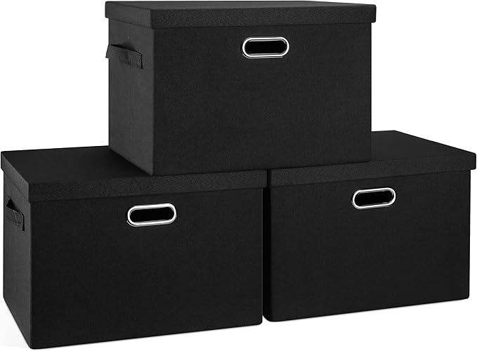 Large 17" 36 Quart Collapsible Stackable Storage Bins with Lids, 3 Packs Black Linen Fabric Closet Boxes with Lids, Storage Cube Baskets Container Organizers for Bedroom Office(17 x12 x11)-DeskLoop Office