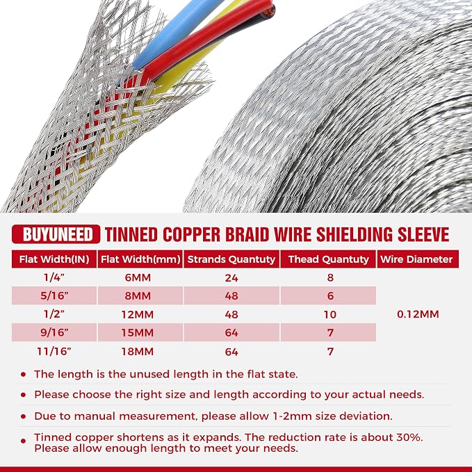 Tinned Copper Braid Wire Shielding Ground Strap Metal Cable Sleeve Expandable - Image 7