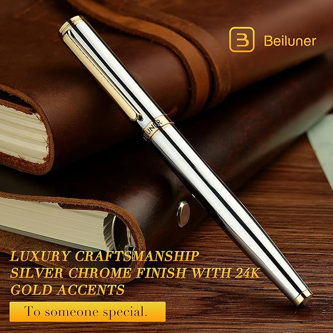 BEILUNER Silver Chrome Fountain Pen,Stunning Luxury Pens with 24K Gold Accents, Gorgeous 24K Gilded Nib(Fine), Ink Converter,Fancy Pen Gift for Men&Women-Elegant, Office, Reliable,Nice for Writing-DeskLoop Office