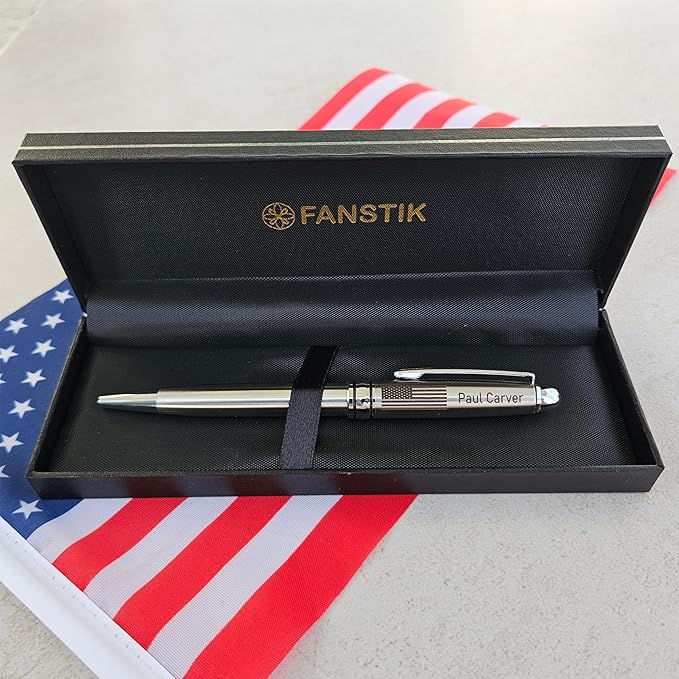 Customized BallPoint pen with name and US Flag (MADE IN USA), stainless steel, silver, luxury engraved pen personalized for men and for women. (BallPoint US-Flag)-DeskLoop Office