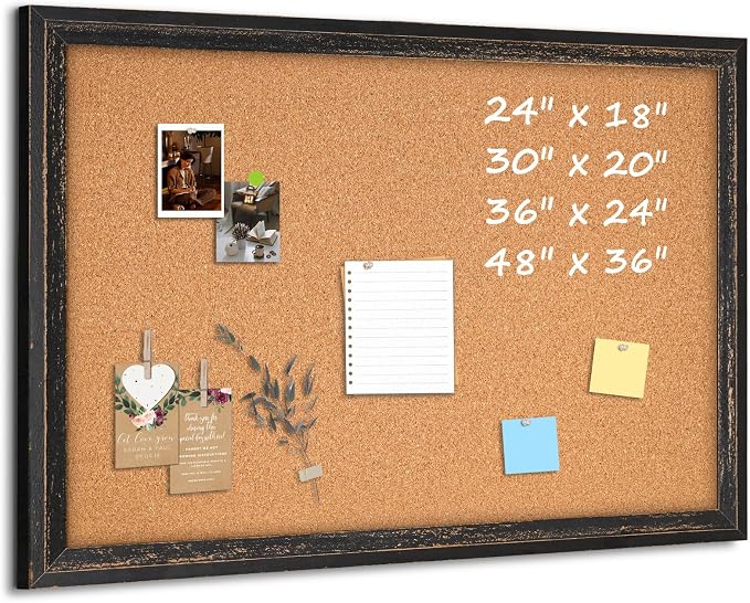 Cork Board Bulletin Board, Rustic Black Wooden Frame | Corkboard by QUEENLINK