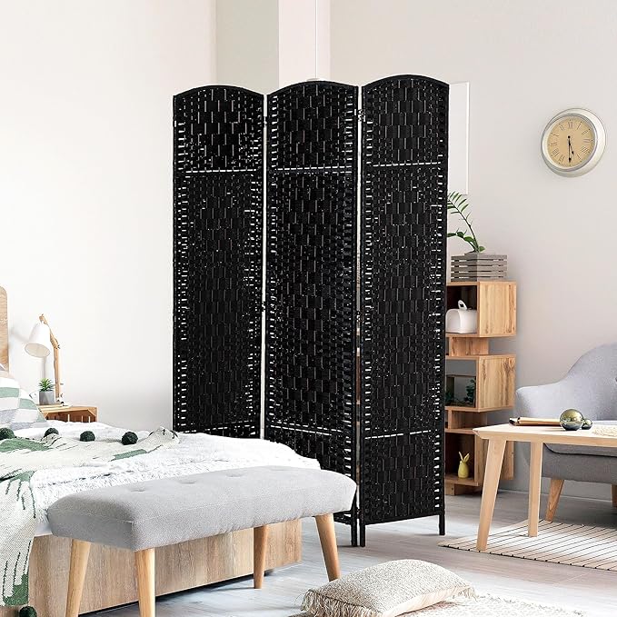 HOMCOM Room Divider, 3 Panel Folding Privacy Screen, 6FT Tall Portable Wicker Weave Partition Wall Divider for Bedroom, Home Office, Black-DeskLoop Office