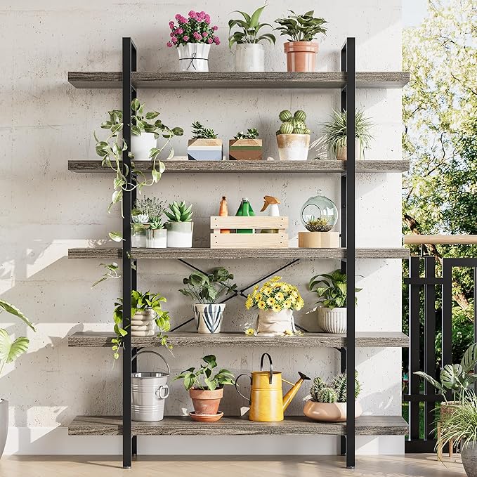 Heavy Duty 5-Tier Industrial Bookcase, 47" Wide Wood Bookshelf for Home Office, 120lbs Shelf Capacity, Rustic Shelving Display with Reinforced Horizontal Shelf for Living Room Bedroom,Grey-DeskLoop Office
