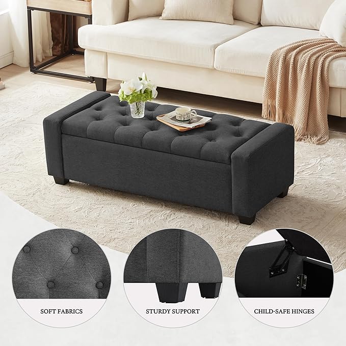 48" Ottoman with Storage, Storage Ottoman Bench with Safety Hinge, Upholstered Entryway Bench with Seating for Bedroom, Living Room, Holds up to 330 lb, Dark Gray-DeskLoop Office