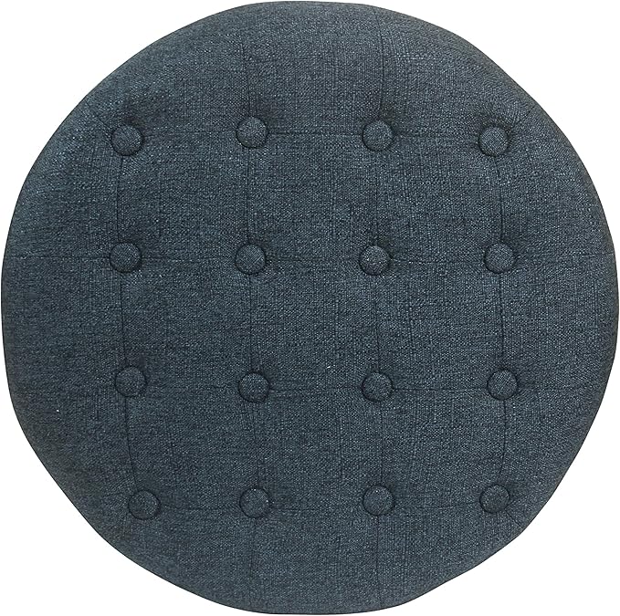 HomePop by Kinfine Fabric Upholstered Round Storage Ottoman - Velvet Button Tufted Ottoman with Removable Lid, Indigo Blue Woven-DeskLoop Office