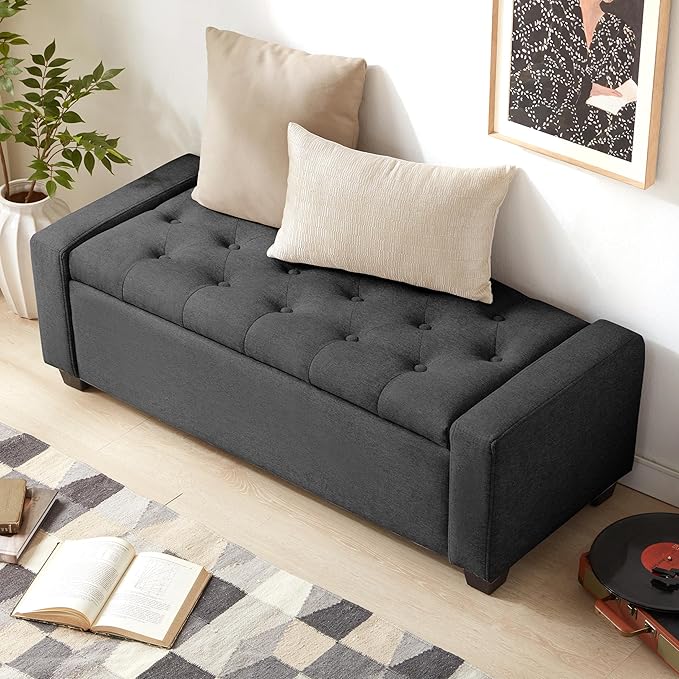 48" Ottoman with Storage, Storage Ottoman Bench with Safety Hinge, Upholstered Entryway Bench with Seating for Bedroom, Living Room, Holds up to 330 lb, Dark Gray-DeskLoop Office