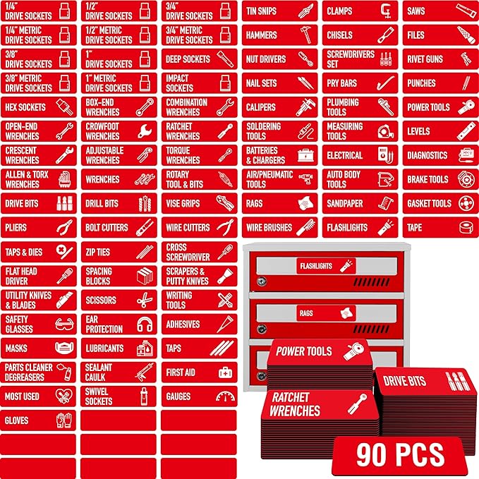 90 PCS Magnetic Toolbox Labels, 82 Pre-Printed & 8 Blanks Large Size Tool Chest by VANTASII
