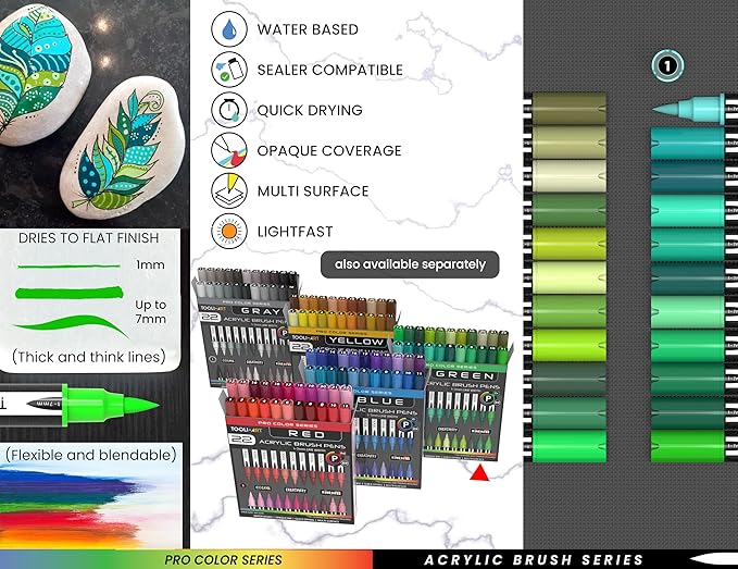 22 Flexible Brush Tip Acrylic Paint Pens Markers Set 1-7mm Line for Rock Painting, Brush Lettering, Glass, Mugs, Wood, Metal, Canvas, Fabric, Plastic. Non Toxic Waterbased Quick Drying Assorted Green-DeskLoop Office