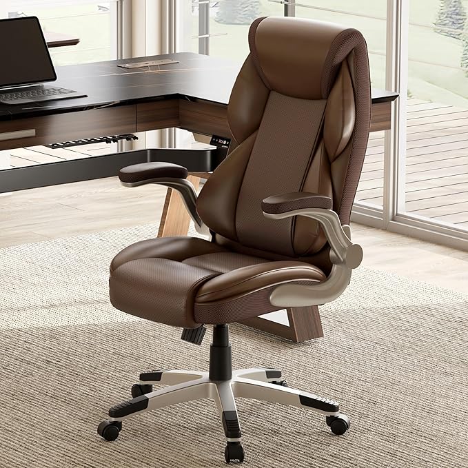 EUREKA ERGONOMIC Executive Office Chair Flip Up Arm Rest, Ergonomic Desk Chair Faux Leather Computer Chair, High Back Office Chair with Headrest, Home Office Desk Chairs with Wheels, Brown-DeskLoop Office