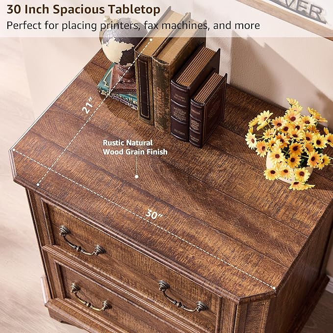 T4TREAM 2 Drawer File Cabinet-30 Wide Wooden Extended Desktop, Farmhouse Filing Cabinet with Smooth Rails, Holds Letter/Legal/A4, Hexagonal Design & Framed Drawer Fronts, Reclaimed Barnwood-DeskLoop Office