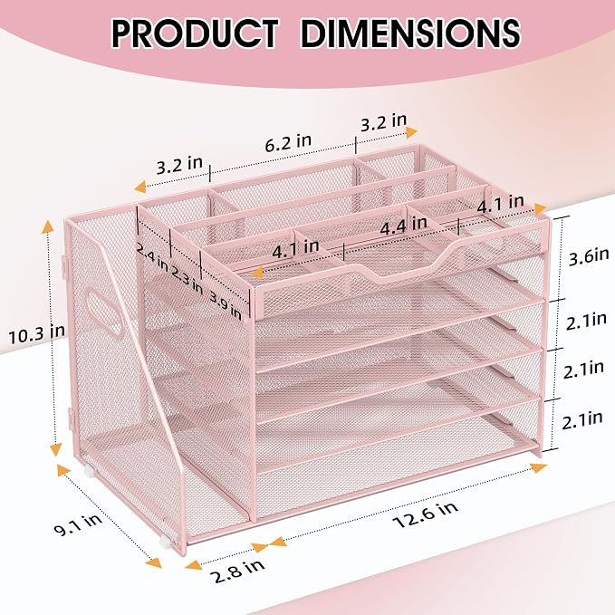 5 Tier Paper Letter Tray with File Holder and 3 Drop-in Pen Holders, Mesh Desk - Image 2