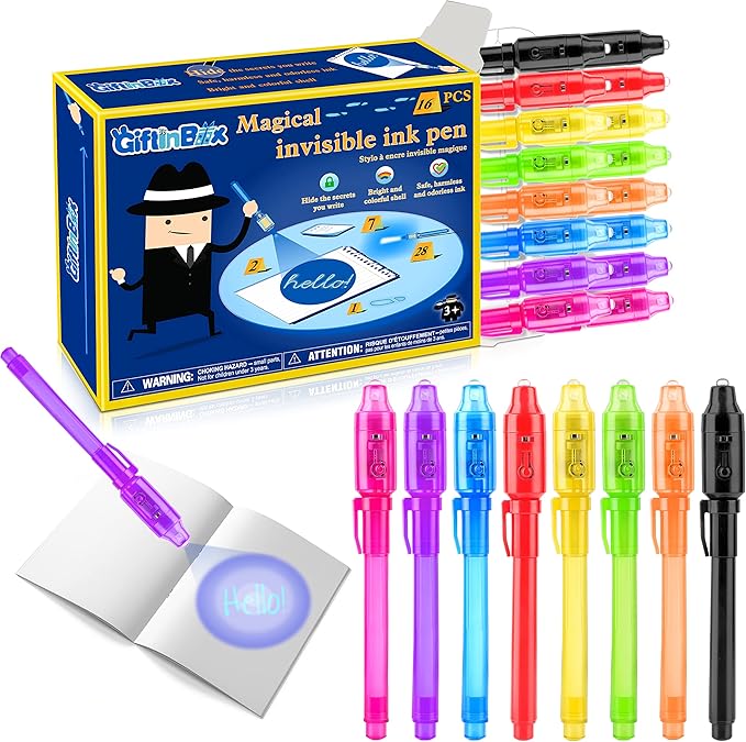 GIFTINBOX Invisible Ink Pen, 16PCS Spy Pen with UV Light for Kids, Birthday Party Favors for Kids 4-8 8-12, Classroom Prize for Students Magic Marker for Secret Message-DeskLoop Office