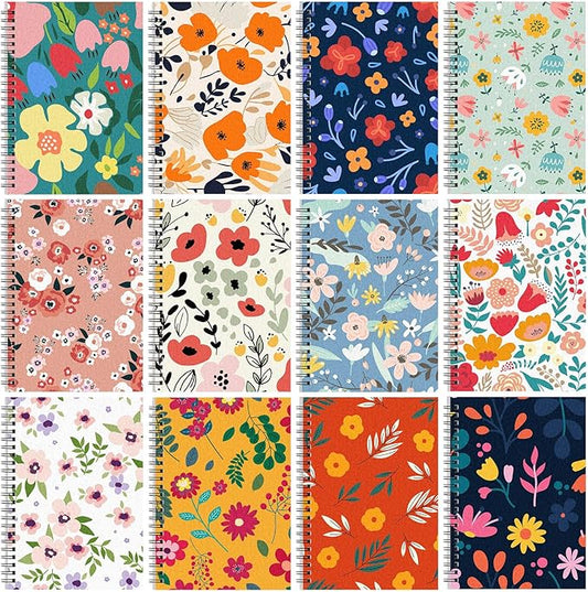 Fuutreo 12 Pcs Spiral Notebook for Work A5 8.3 x 5.7 Inch College Ruled Spiral Journal Notebook Kraft Cover Ruled Paper, 12 Color, 60 Sheets, 120 Pages for Office School(Floral Color)-DeskLoop Office