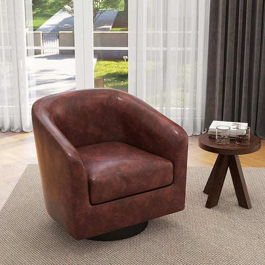 UIXE Faux Leather Swivel Accent Chair with Wood Base, Modern Upholstered Barrel Chairs for Living Room, Comfy Round Armchair Single Sofa Bedroom Reading Seat - 31" W, Red Brown-DeskLoop Office