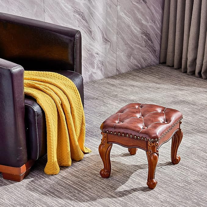 Foot Stool Ottoman Foot Rest Microfiber Leather Upholstered Footstool for Sofa, Living Room, Entryway, Solid Wood Stool (Light Brown)-DeskLoop Office