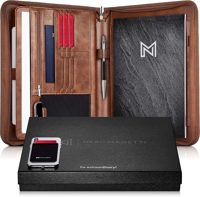 NERO MANETTI- Zippered Vegan Leather Padfolio/Portfolio Pad Holder-Business PU by Nero+Manetti