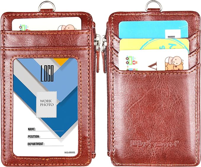 Badge Holder with Zip, Wisdompro 2-Sided Vertical Style PU Leather ID Badge - Image 2