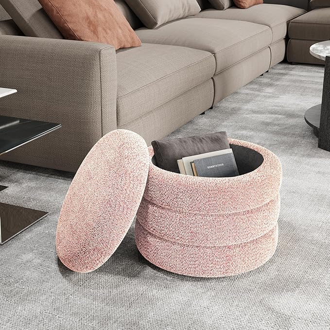 Storage Ottoman, Round Ottoman with Storage, Vanity Stool Foot Rest with Removable Lid, Round Boucle Upholstered for Living Room Pouf Footstool (Pink)-DeskLoop Office