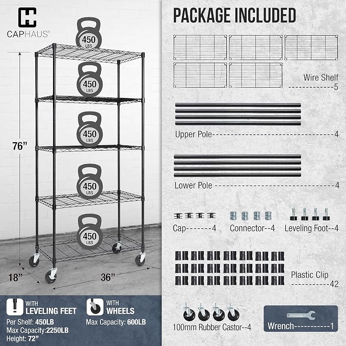 CAPHAUS NSF Commercial Grade Wire Shelving w/Wheels, Leveling Feet & Liners - Image 3