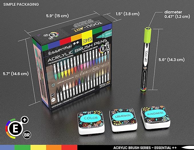 36 Flexible Brush Tip Acrylic Paint Pens Markers Set 1-7mm Line for Rock Painting, Brush Lettering, Scrapbooking, Glass, Mugs, Wood, Metal, Canvas, Fabric, Plastic. Non Toxic Waterbased Quick Drying-DeskLoop Office