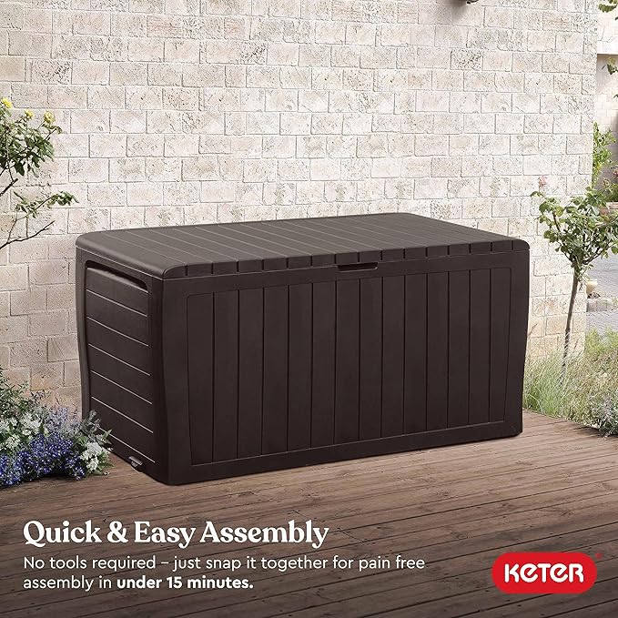 Keter Marvel Plus 71 Gallon Resin Outdoor Storage Box for Patio Furniture Cushions, Throw Pillows, Garden Tools and Pool Floats, Brown-DeskLoop Office