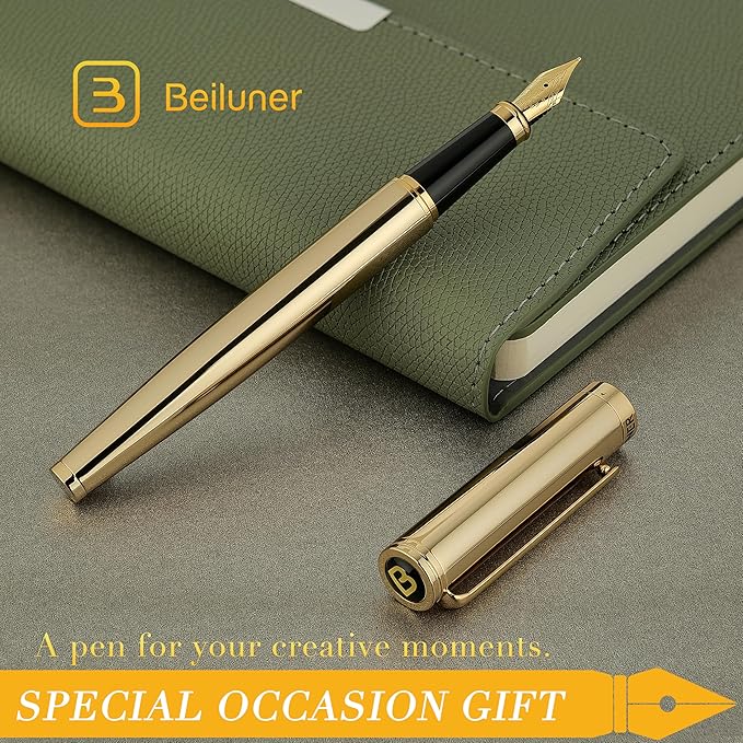 BEILUNER Gold Fountain Pen,Stunning Luxury Pens with 24K Gold Finish, Gorgeous 24K Gilded Nib(Medium), Ink Converter,Fancy Pen Gift for Men&Women-Elegant, Office, Professional, Reliable, Nice Design-DeskLoop Office
