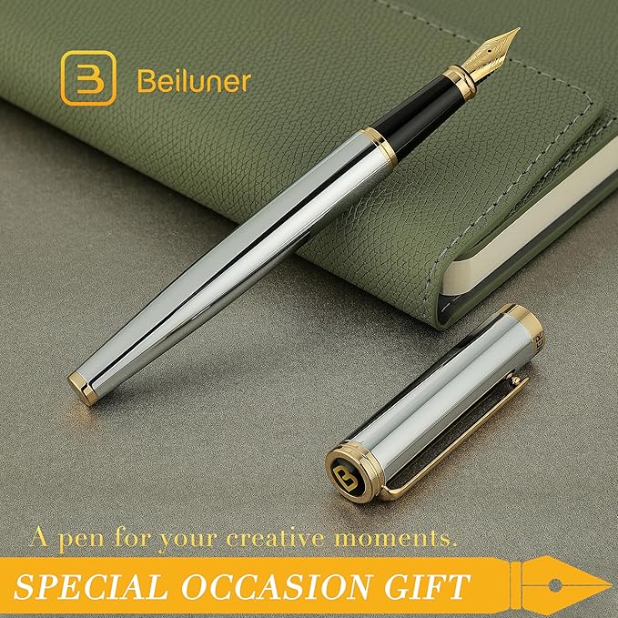 BEILUNER Silver Chrome Fountain Pen,Stunning Luxury Pens with 24K Gold Accents, Gorgeous 24K Gilded Nib(Fine), Ink Converter,Fancy Pen Gift for Men&Women-Elegant, Office, Reliable,Nice for Writing-DeskLoop Office