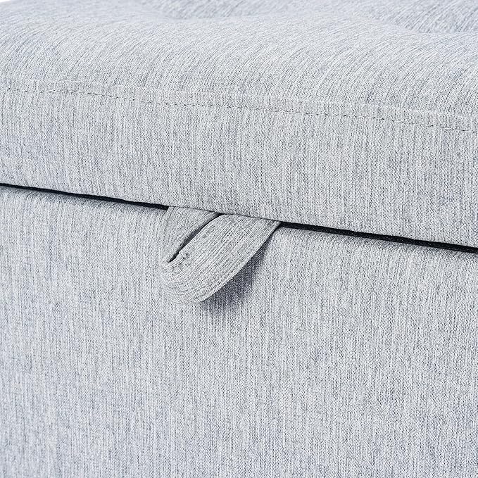 Adeco 18 Inch High Cube Ottoman Storage, Linen Chair Foot Stools, Upholstered Vanity Stool with Hinged Lid, Solid Wood Legs-DeskLoop Office