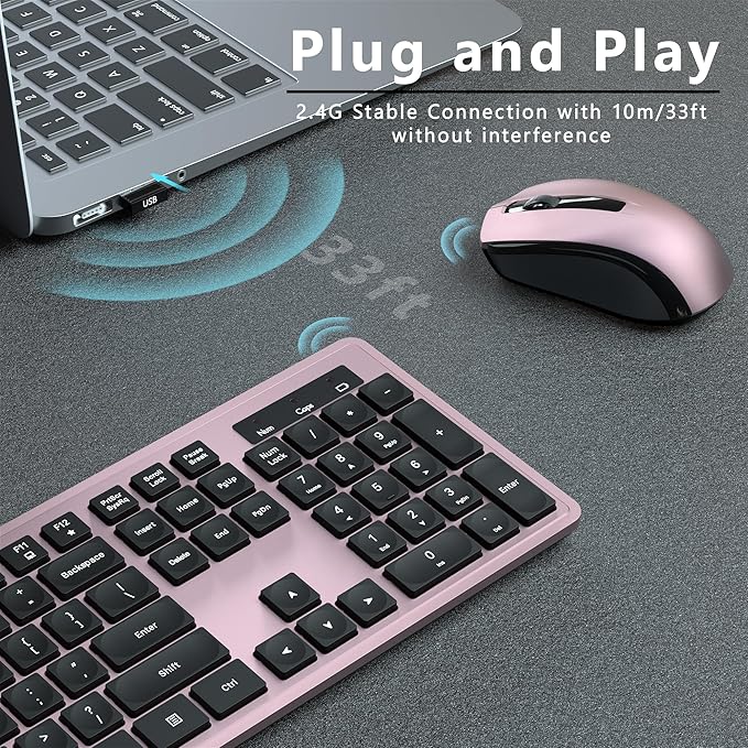Wireless Keyboard and Mouse Combo, COVEVA 2.4GHz Wireless Keyboard Mouse with USB Receiver, Water-Dropping Keycaps, 104 Keys Full Size with Number Pad for PC Laptop Computer Desktop(Black Pink)-DeskLoop Office