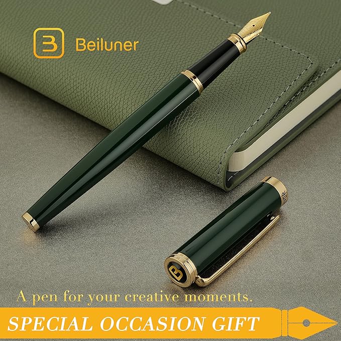 BEILUNER British Racing Green Fountain Pen,Stunning Luxury Pens with 24K Gold Accents, Gorgeous 24K Gilded Nib(Medium), Ink Converter, Pen Gift for Men&Women-Elegant, Reliable,Fancy for Writing-DeskLoop Office