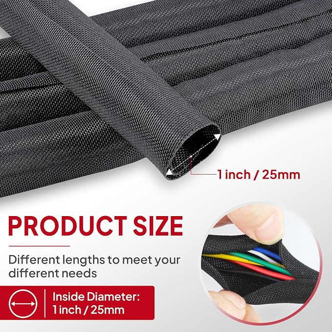 Black Braided Cable Management Sleeves Wire Loom Tubing Cord Protector - Image 2