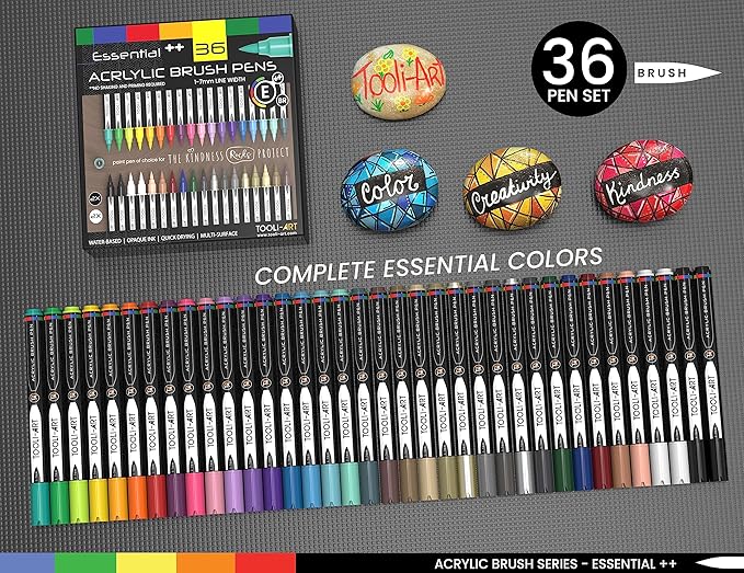 36 Flexible Brush Tip Acrylic Paint Pens Markers Set 1-7mm Line for Rock Painting, Brush Lettering, Scrapbooking, Glass, Mugs, Wood, Metal, Canvas, Fabric, Plastic. Non Toxic Waterbased Quick Drying-DeskLoop Office