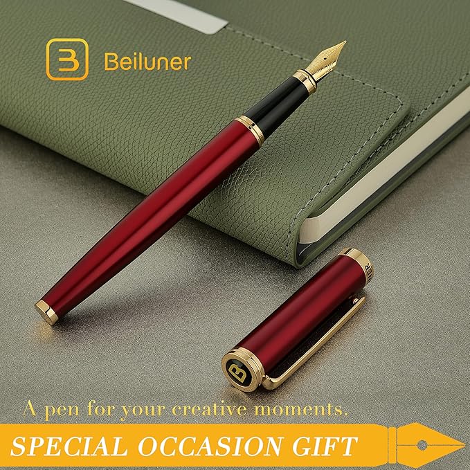 BEILUNER Red Fountain Pen,Stunning Luxury,24K Gilded Nib(Medium),Gorgeous 24K Gold Finish, Ink Converter,Trustworthy Pen Gift for Men&Women-Elegant,Fancy,Executive,Calligraphy, Nice Pens for Writing-DeskLoop Office