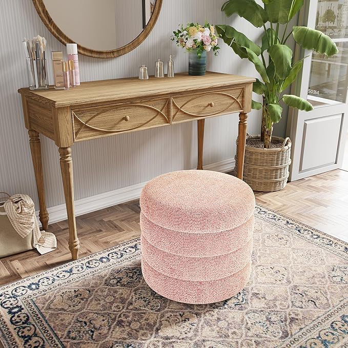 Storage Ottoman, Round Ottoman with Storage, Vanity Stool Foot Rest with Removable Lid, Round Boucle Upholstered for Living Room Pouf Footstool (Pink)-DeskLoop Office