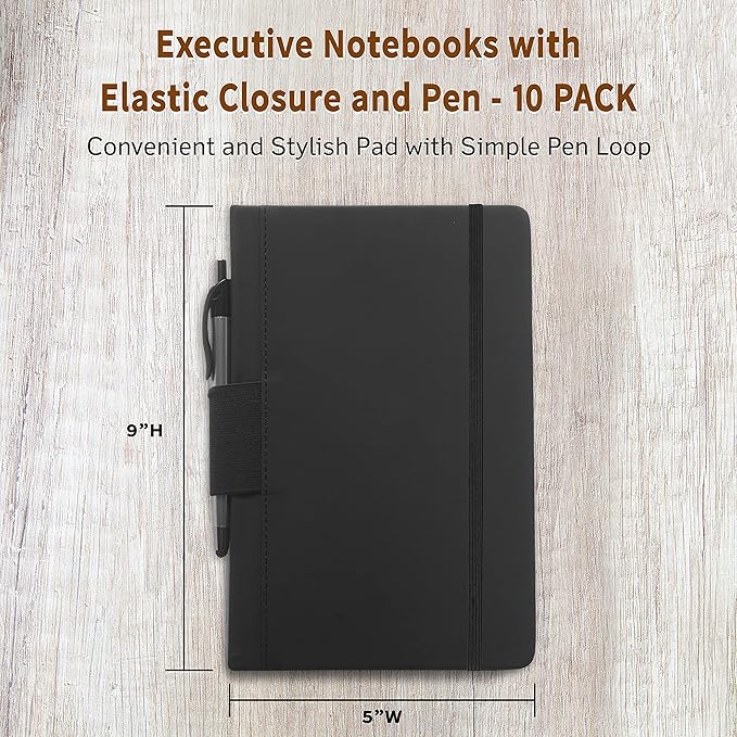 DISCOUNT PROMOS 10 Executive Notebooks with Pen Pack - 6 x 8.5 inches, Recycled, Pen Loop, Closure Strap - Black-DeskLoop Office