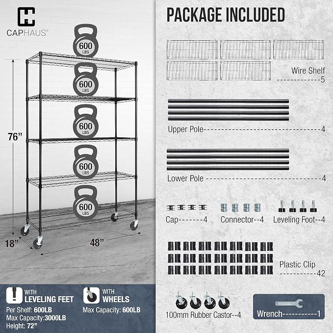 CAPHAUS NSF Commercial Grade Wire Shelving w/Wheels, Leveling Feet & Liners - Image 3