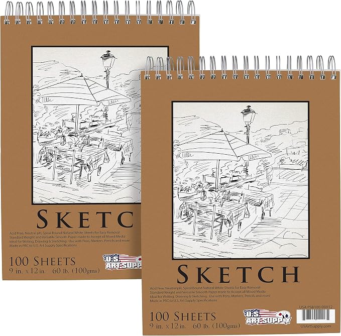 U.S. Art Supply 9"x12" Top Spiral Bound Sketch Book, 2 Pack, 100 Sheets Each by USArtSupply